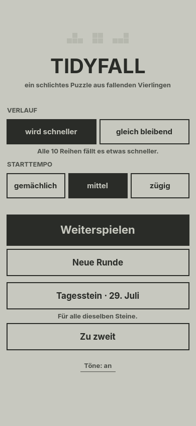 Das Menü: Verlauf und Starttempo zur Wahl, darunter Weiterspielen, Neue Runde, Tagesstein und Zu zweit.