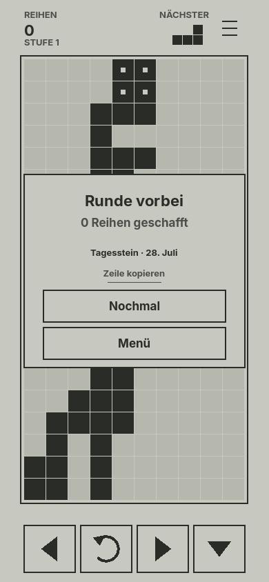Rundenende beim Tagesstein: Runde vorbei, Anzahl der Reihen, die Zeile zum Weitergeben und ein Schalter zum Kopieren.
