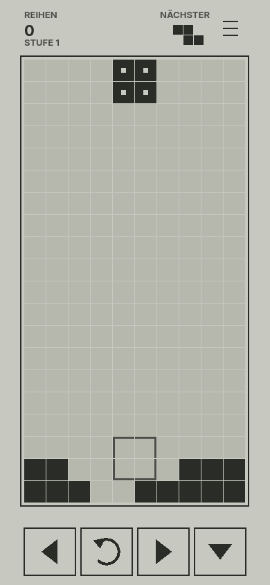 Das Spielfeld: dunkle Steine auf hellgrauem Raster, der fallende Stein mit hellem Kern und darunter der Umriss seiner Landestelle. Oben links die Zahl der geschafften Reihen und die Stufe, oben rechts der nächste Stein, unten vier grosse Knöpfe.